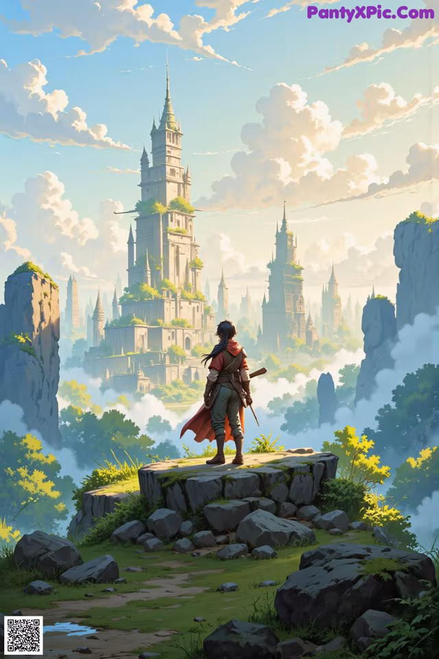 A man standing on top of a rock in front of a castle.