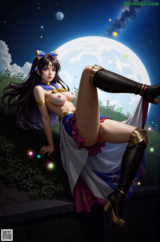 A woman in a sailor outfit is sitting on a wall in front of a full moon.