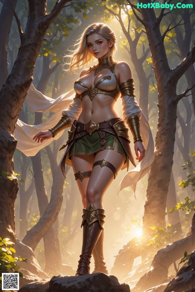 A woman standing on a rock in the woods.