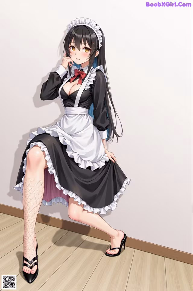 A woman in a maid outfit sitting on a chair.