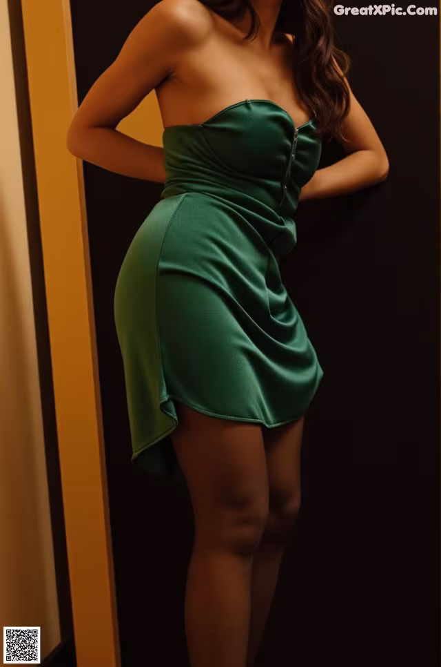 A woman in a green dress leaning against a wall.