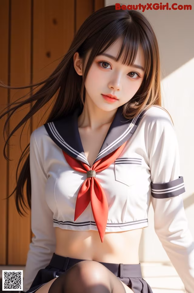 A woman in a sailor outfit posing for a picture.