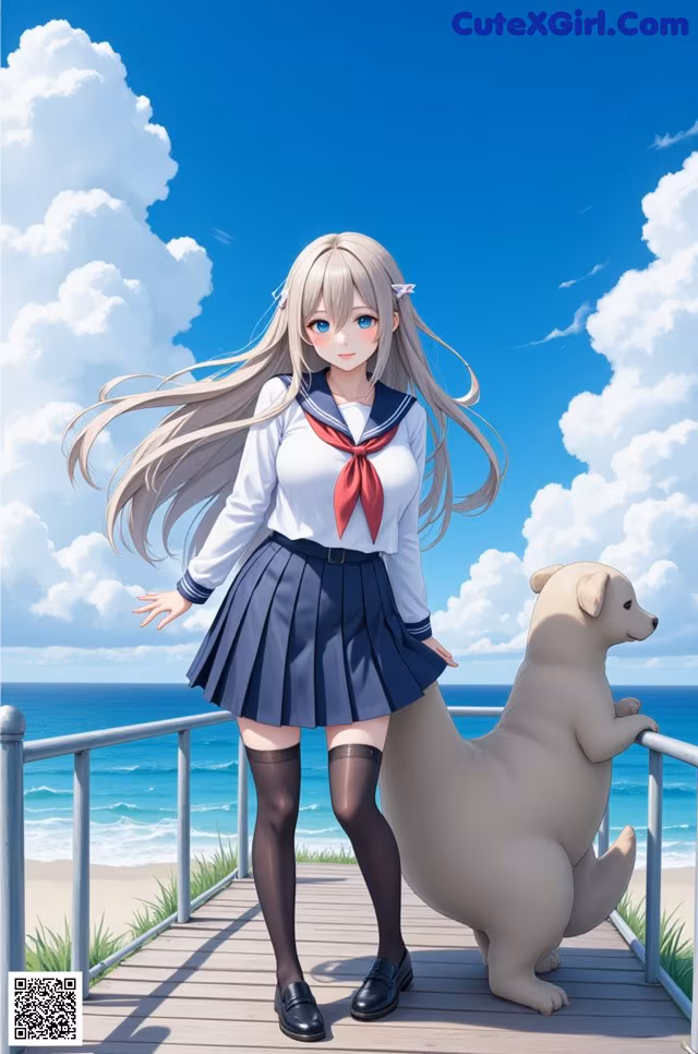 A girl in a school uniform standing next to a dog on a pier.