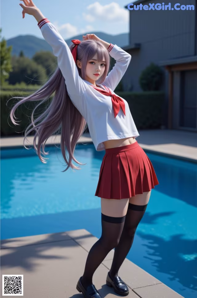 A woman in a school uniform standing next to a swimming pool.