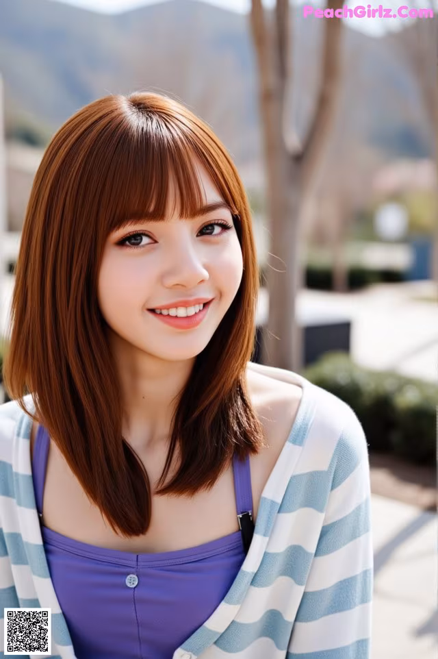 A woman with long brown hair wearing a blue and white striped cardigan.