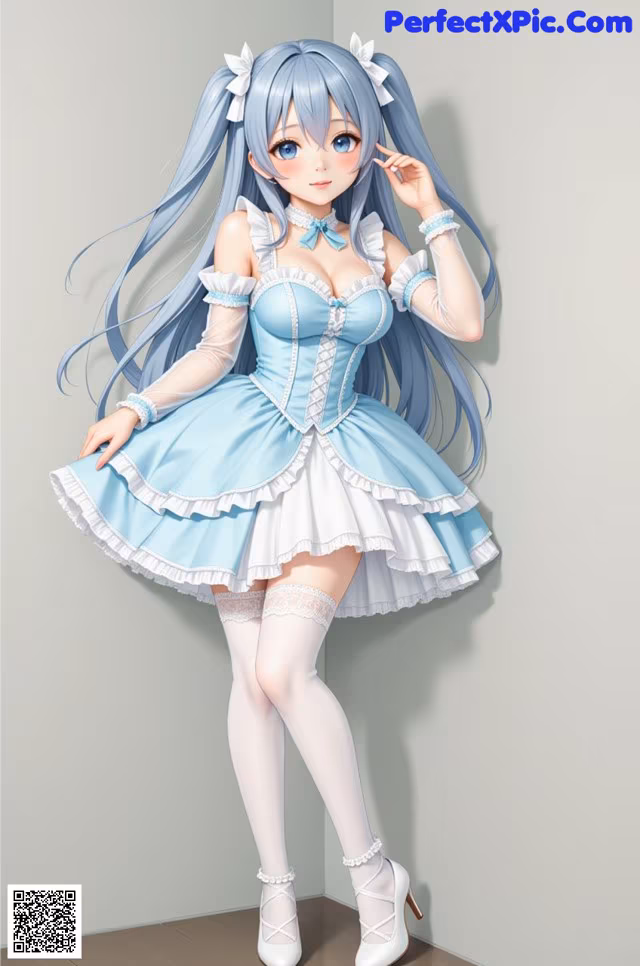 A girl in a blue and white dress posing for a picture.
