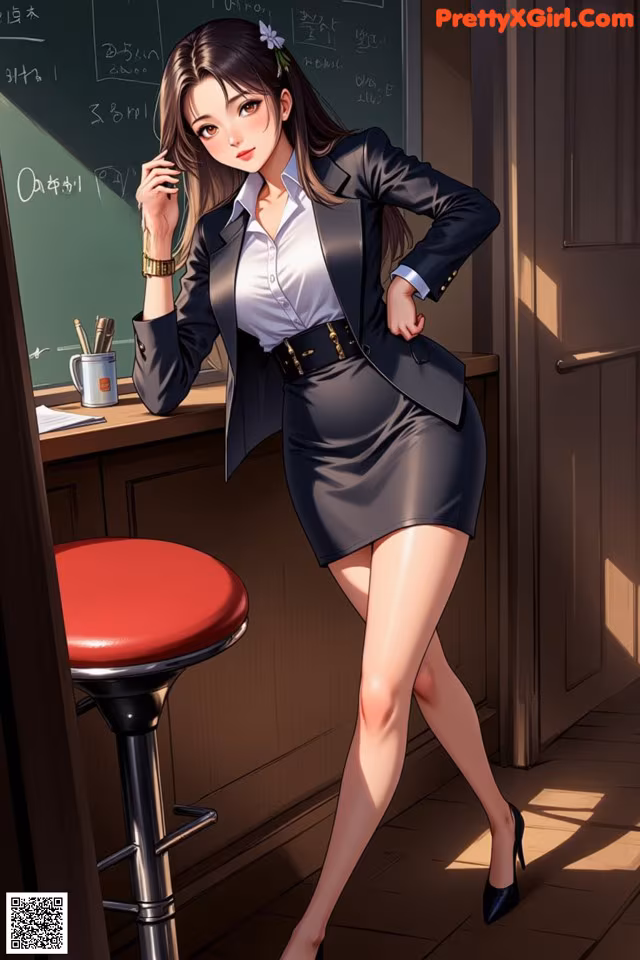A woman in a business suit standing in front of a blackboard.
