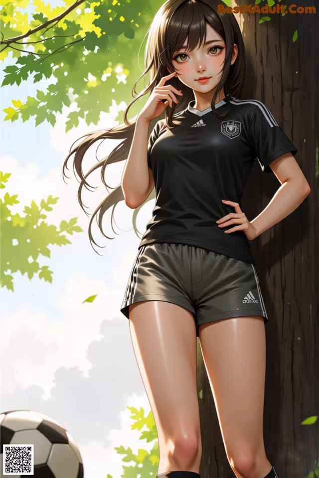 A girl in a soccer uniform leaning against a tree.