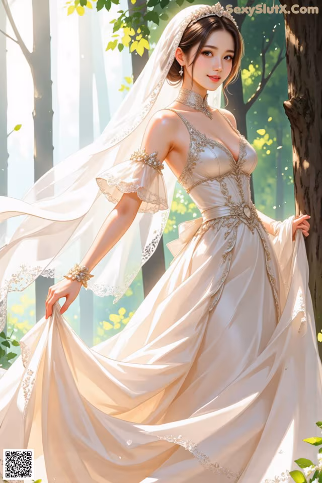 A woman in a wedding dress standing in the woods.