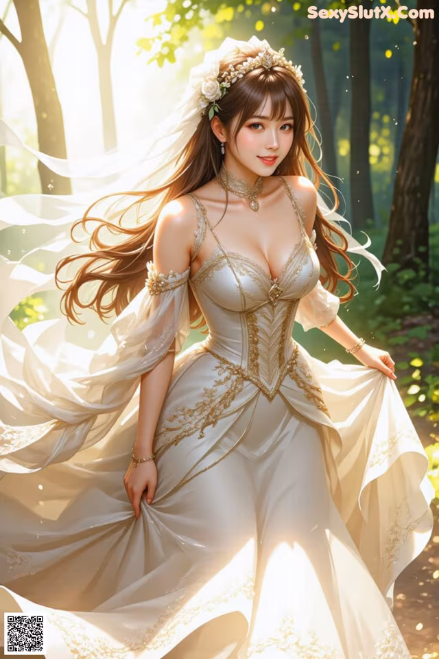 A woman in a wedding dress is walking through the woods.