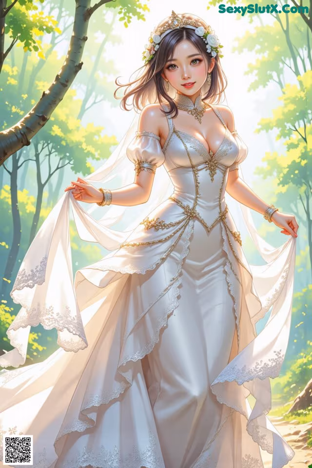 A woman in a white dress standing in a forest.