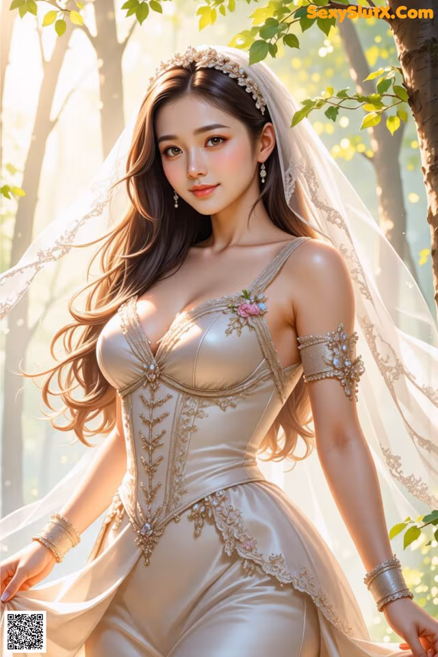 A woman in a wedding dress standing in the woods.