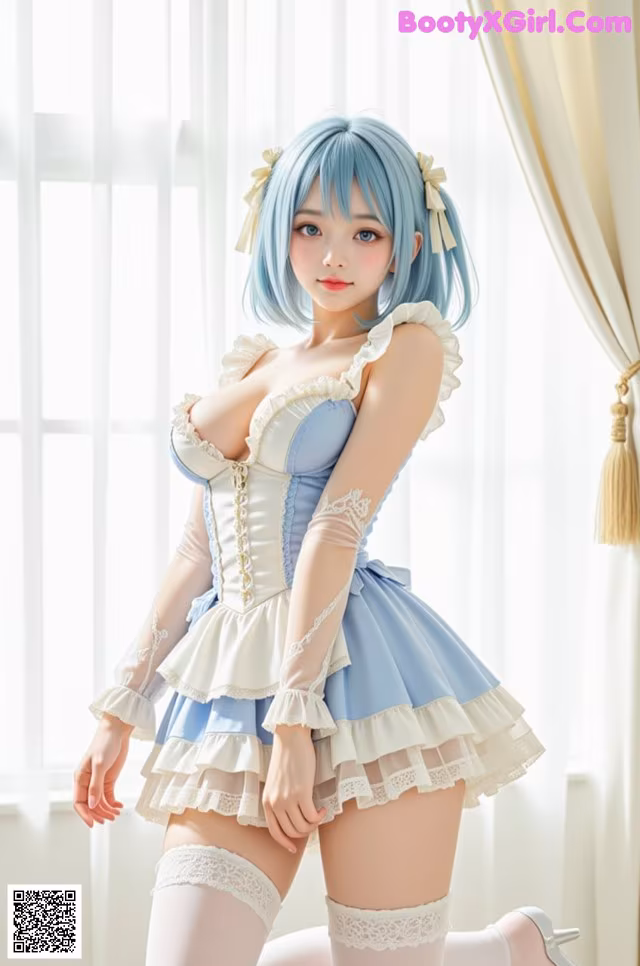A woman in a blue and white dress posing for a picture.