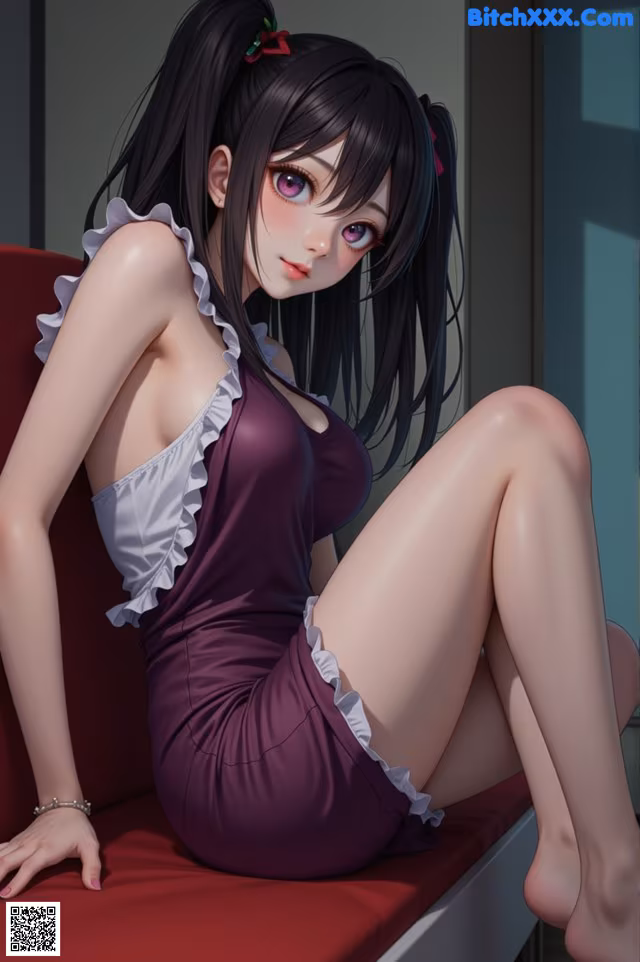 A woman in a purple dress sitting on a red couch.
