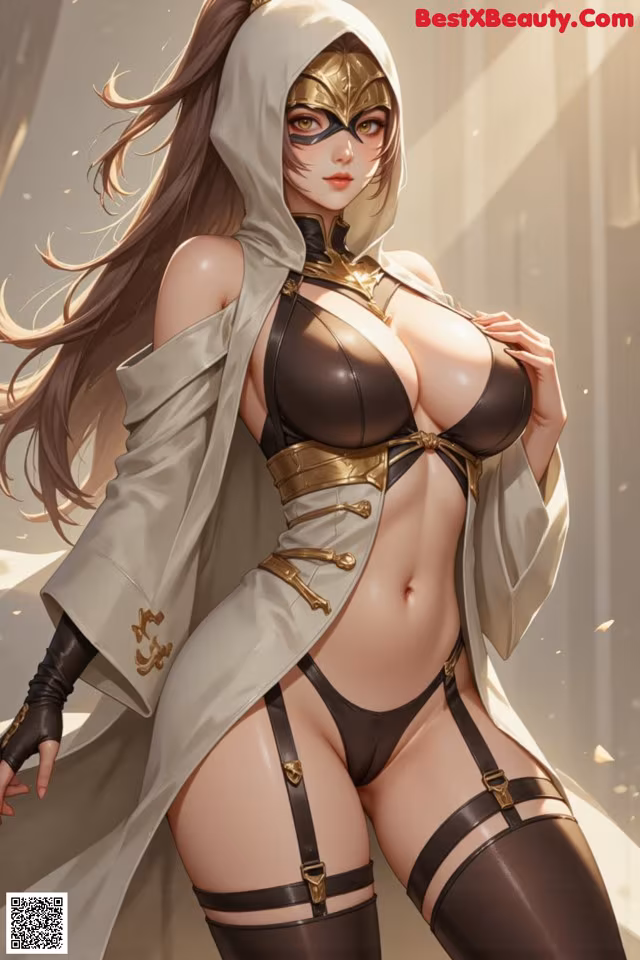A woman in a black and gold outfit is posing for a picture.