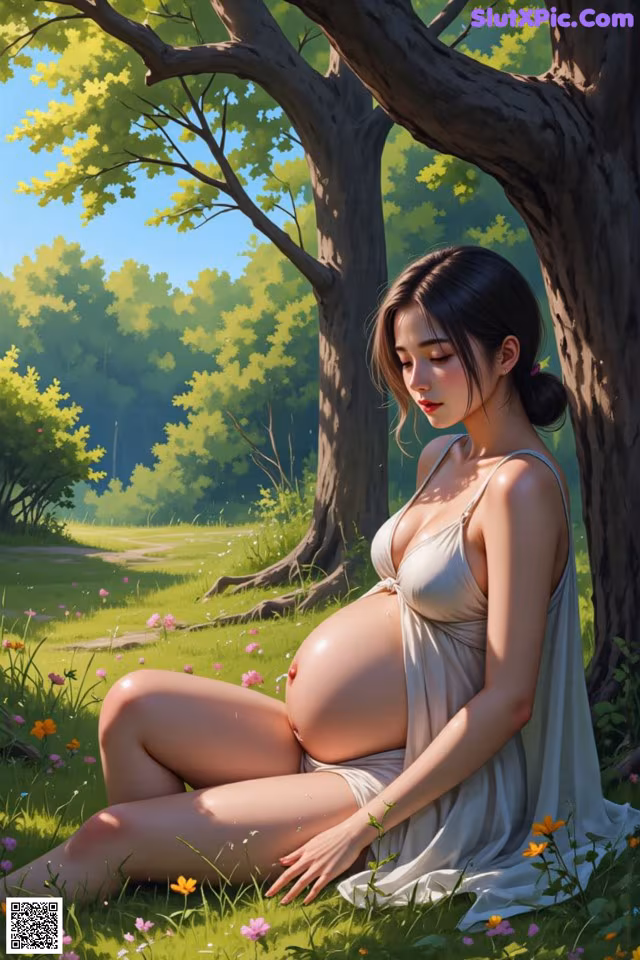 A pregnant woman sitting under a tree in a field of flowers.