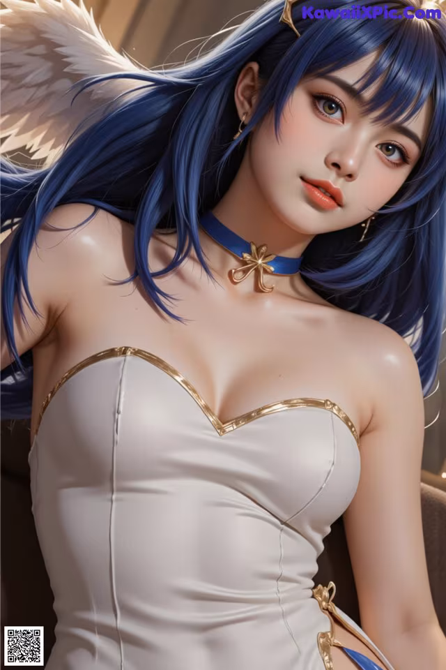 A woman with blue hair wearing a white dress.
