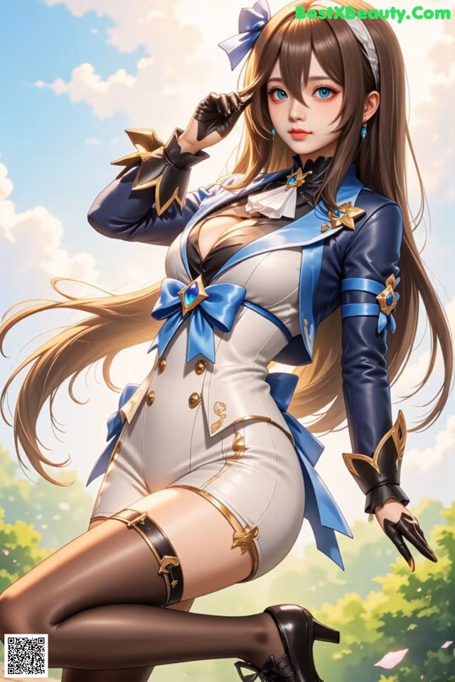 A woman in a blue and white outfit is posing for a picture.