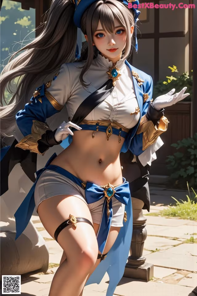 A woman in a blue and white outfit posing for a picture.