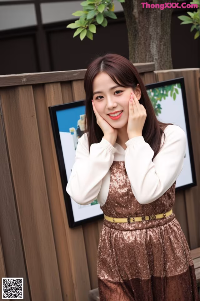 A woman in a brown dress posing for a picture.
