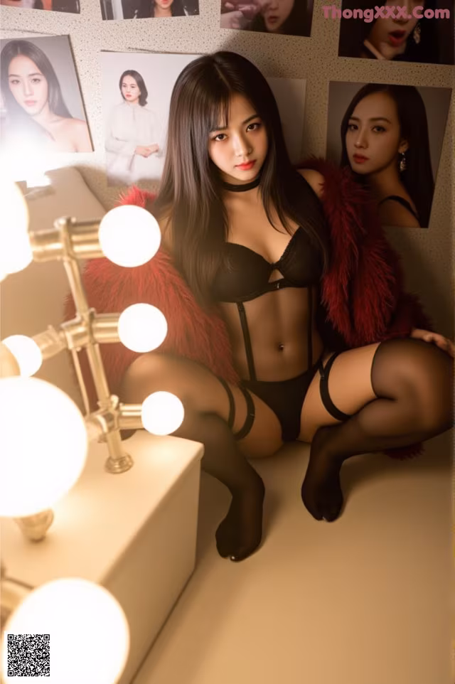 A woman sitting in front of a mirror in lingerie.