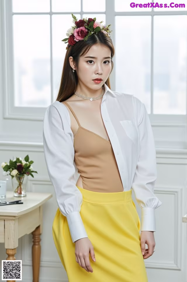 A woman wearing a white shirt and a yellow skirt.