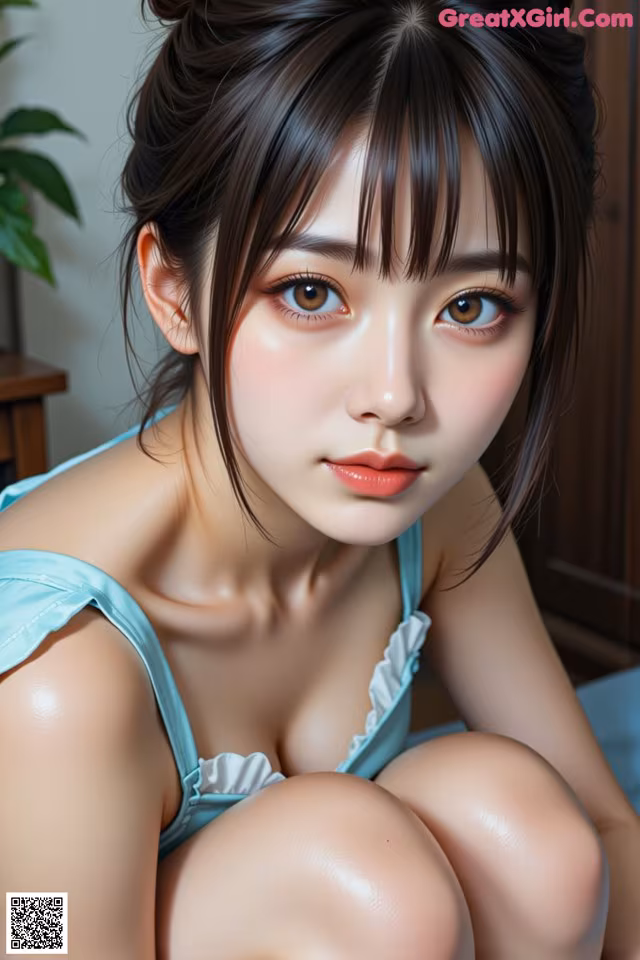 A woman in a blue dress sitting on a bed.