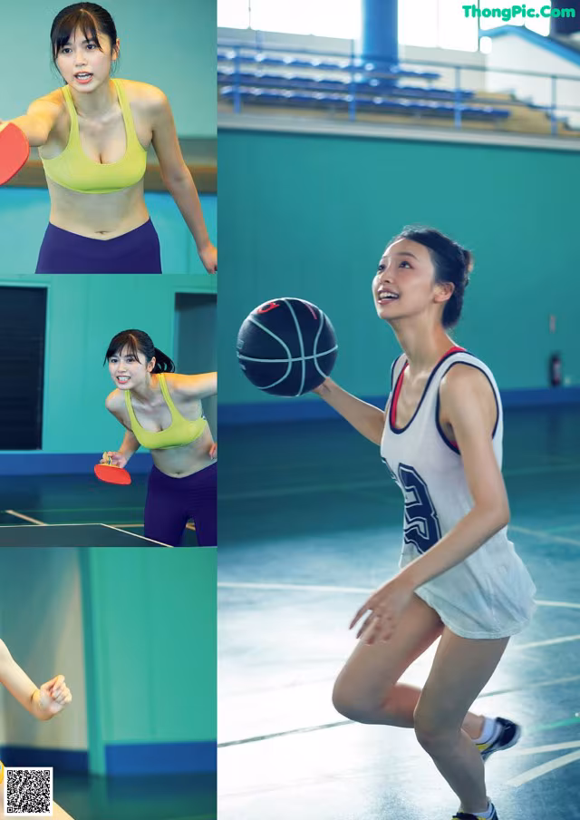 A woman holding a ping pong paddle and a basketball.