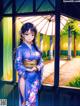 A woman in a blue kimono standing in front of a window.