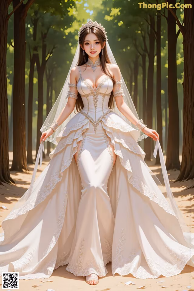 A woman in a wedding dress standing in the woods.