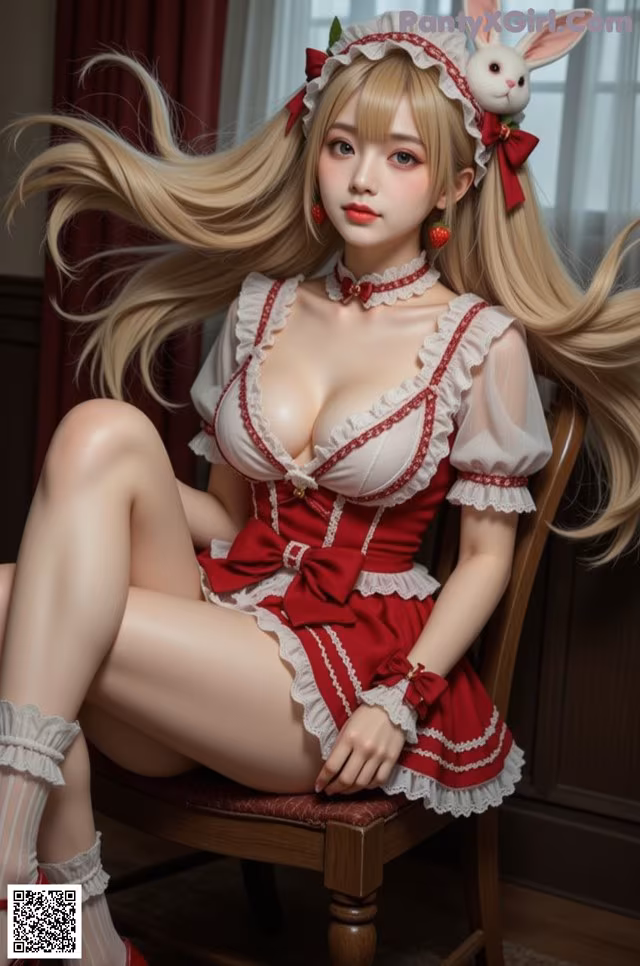 A woman in a red and white dress sitting on a chair.