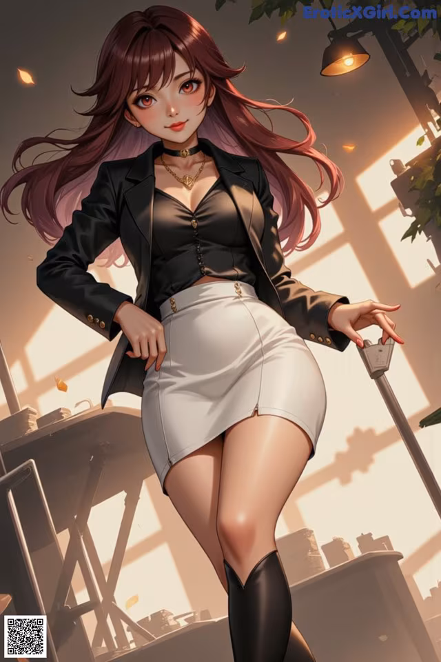A woman in a black jacket and white skirt holding a sword.