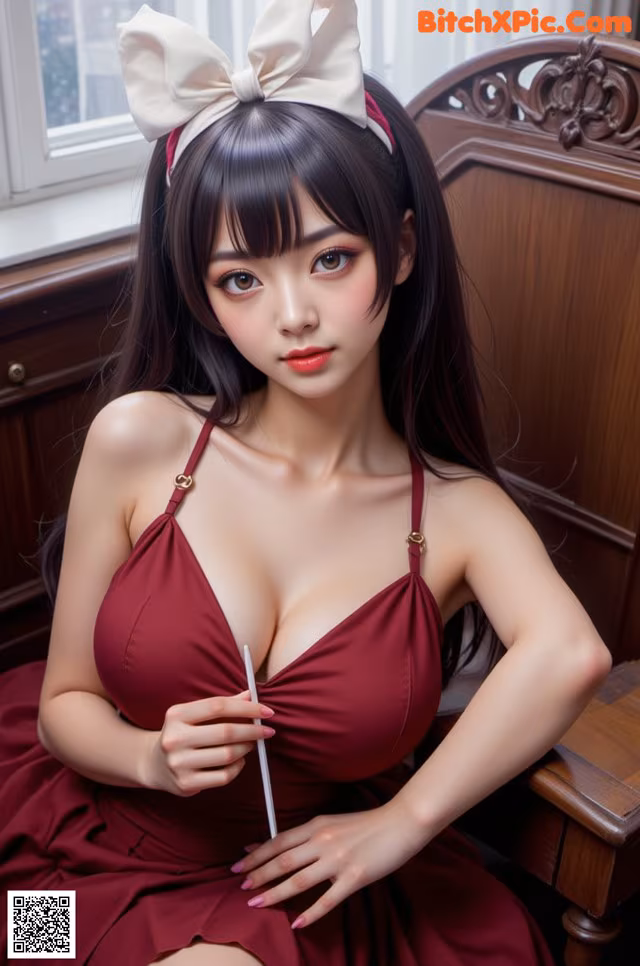 A woman in a red dress sitting on a wooden bench.