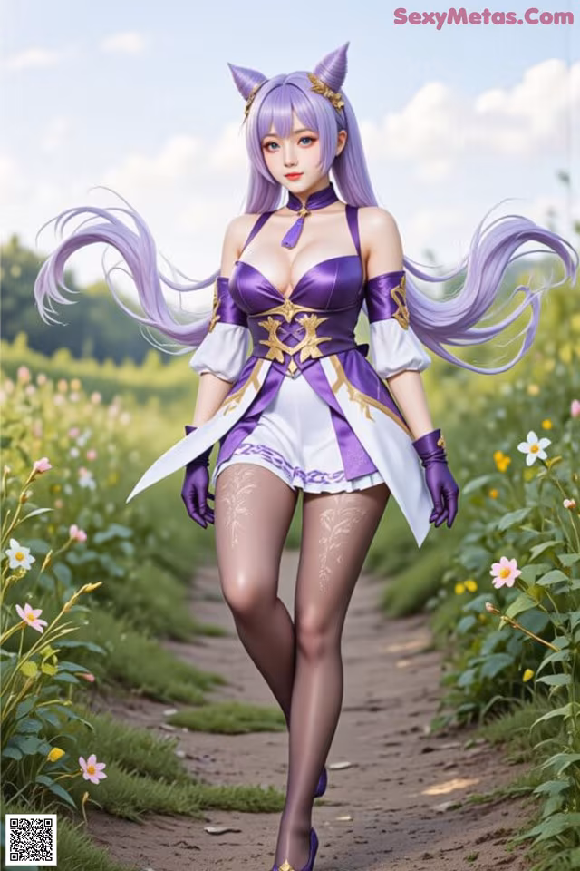 A woman in a purple and white outfit walking down a dirt road.