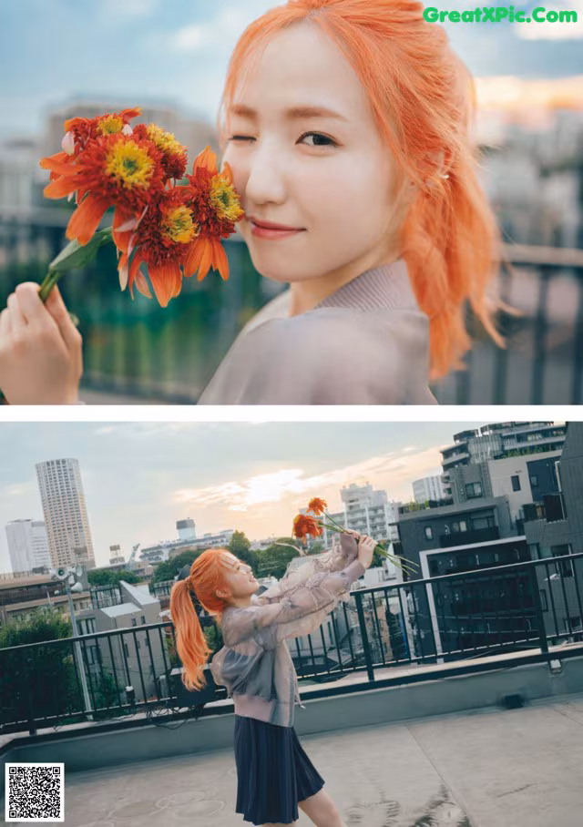 A woman holding a bunch of flowers in her hand.